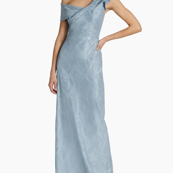 Teri Jon by Rickie Freeman Double Layer Ruffle Metallic blue Jacquard Gown  12 - Picture 3 of 9